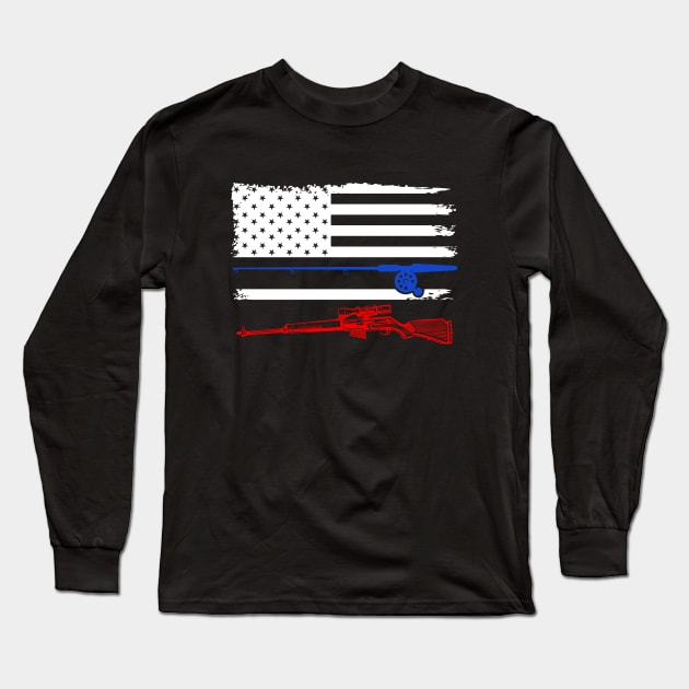 Fishing Rod Hunting Rifle American Flag Long Sleeve T-Shirt by Hassler88